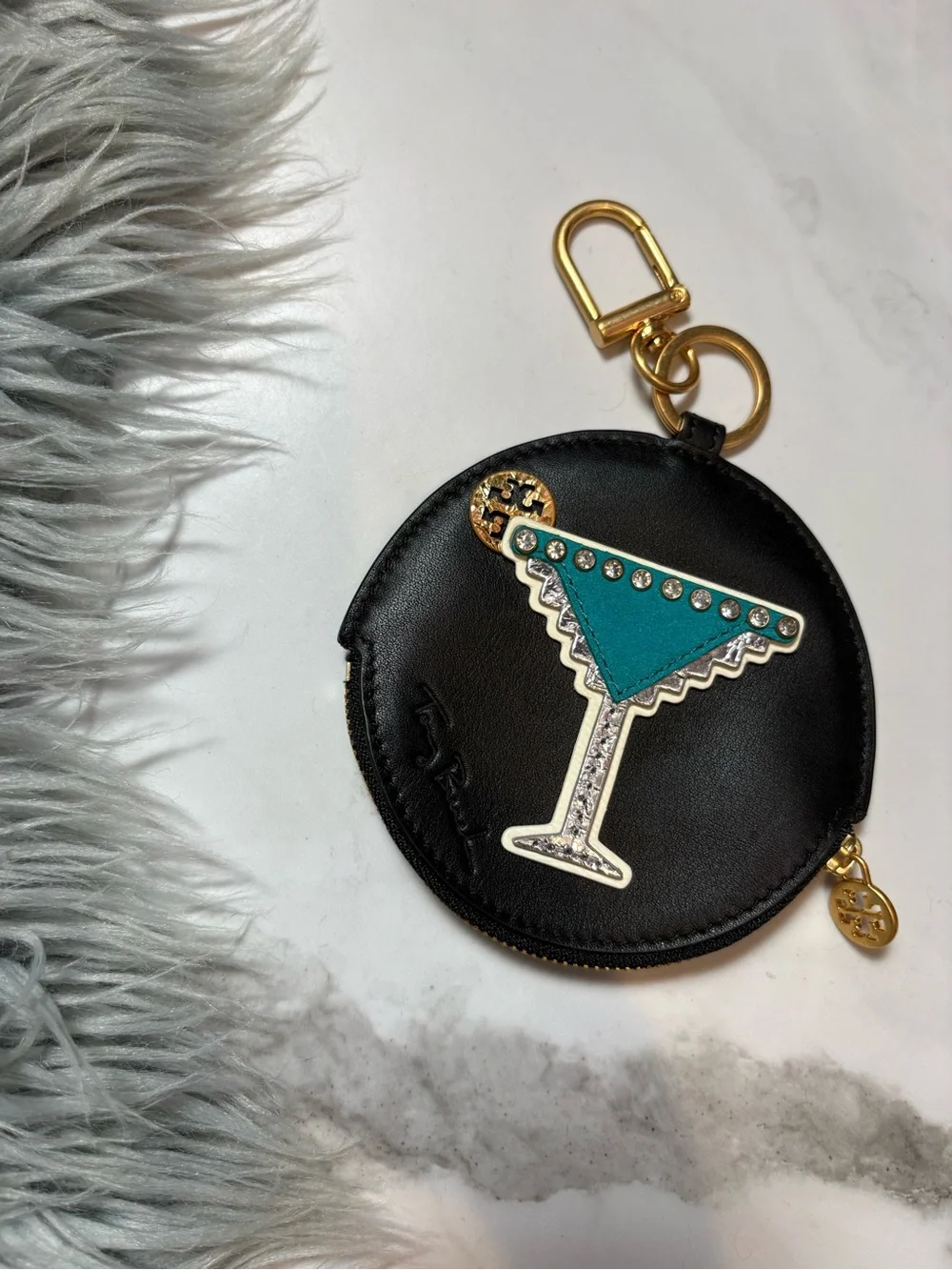 Tory Burch leather martini coin case key fob in black gold